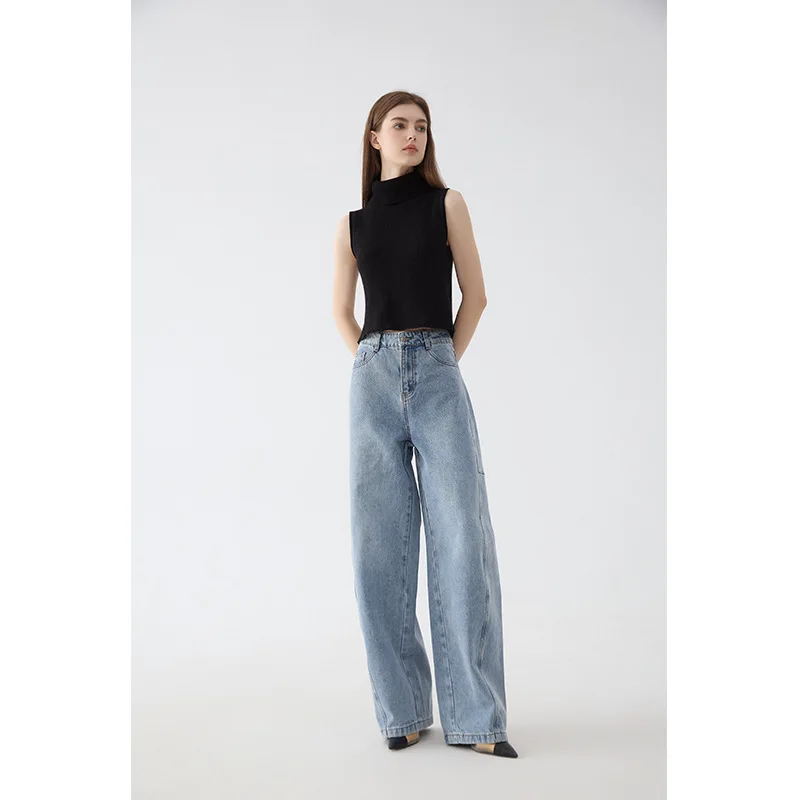 High waisted comfortable natural cotton washed blue wide leg full length A-version denim pants for women