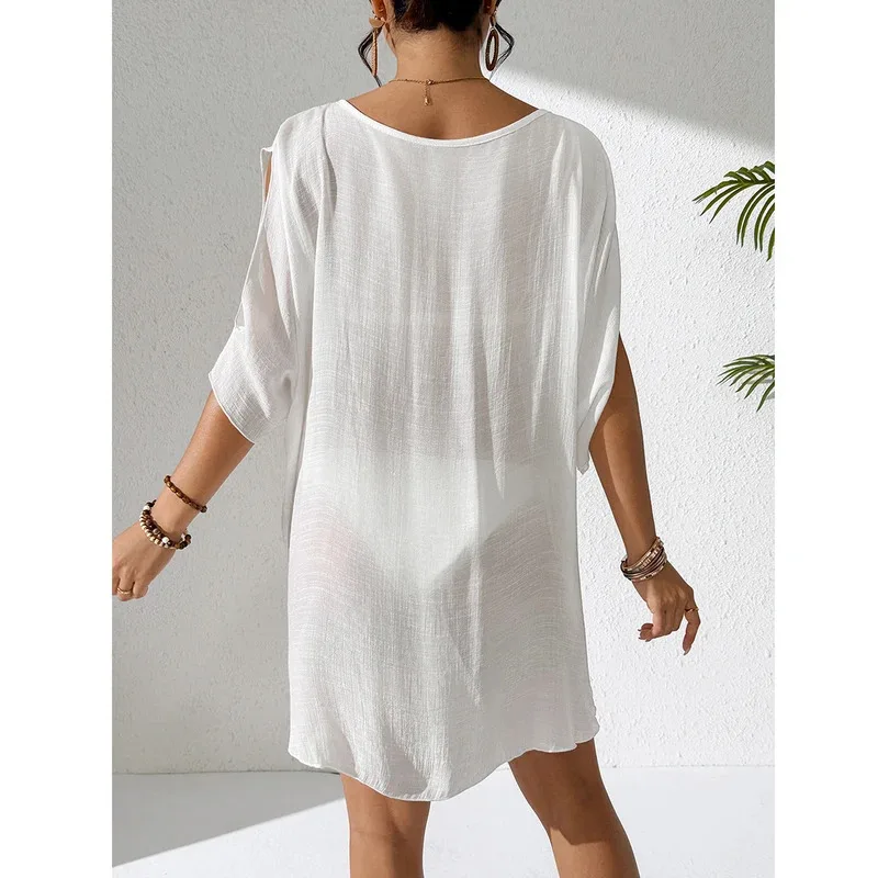 Pure Color V-Neck Lightweight Transparent Loose Dress, Beach Style Casual Comfort Sun Protection Cover Up, Fashion Beachwear
