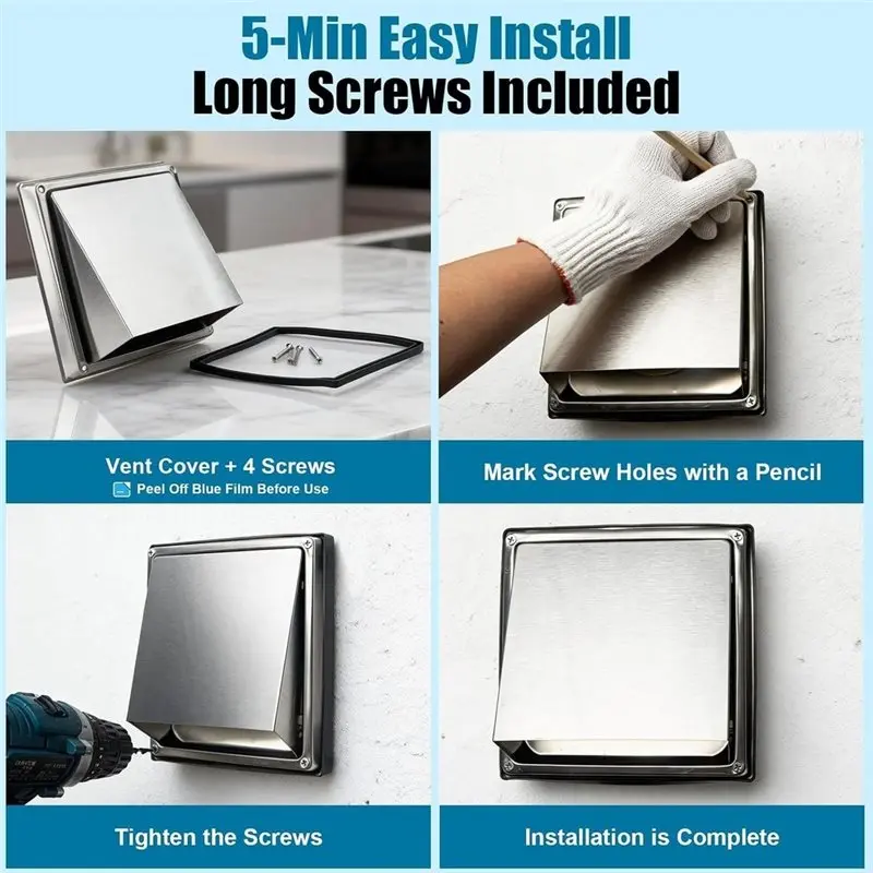 Stainless Steel For Dryer Vent Cover 4 Inch, Silver 45° Rain Shield, For Exterior Wall, For Dryer Duct And RV-A97E