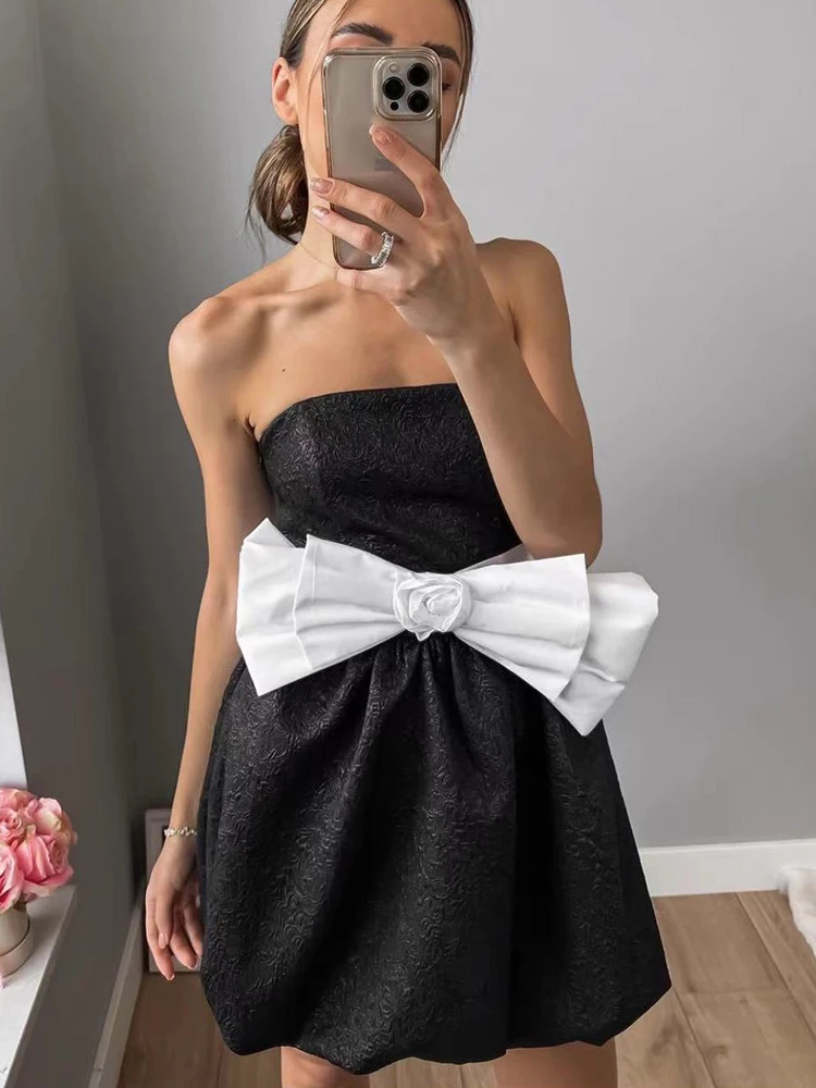 

ZACK RAIN Women Bow Decorated Flowers Dark Pattern Tube Top Dress 2022 Ladies Elegant Party Dress Vintage Slim Female Chic Dress