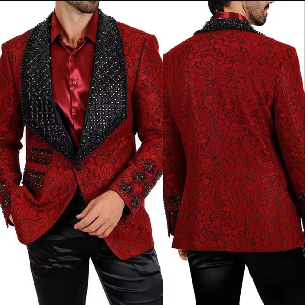 Male Fashion Jewelry Stones Suits Men Slim Fit 2 Piece Set Groom Banquet Wedding Tuxedos Customized Man Business Party Attire