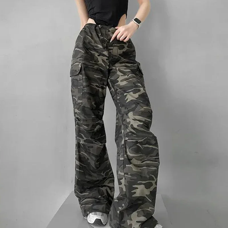 Pantalones vaqueros de pierna ancha con cordón para niña, pantalones vaqueros de camuflaje de calle alta para mujer, pantalones Cargo, pantalones vaqueros finos holgados para mujer 2025