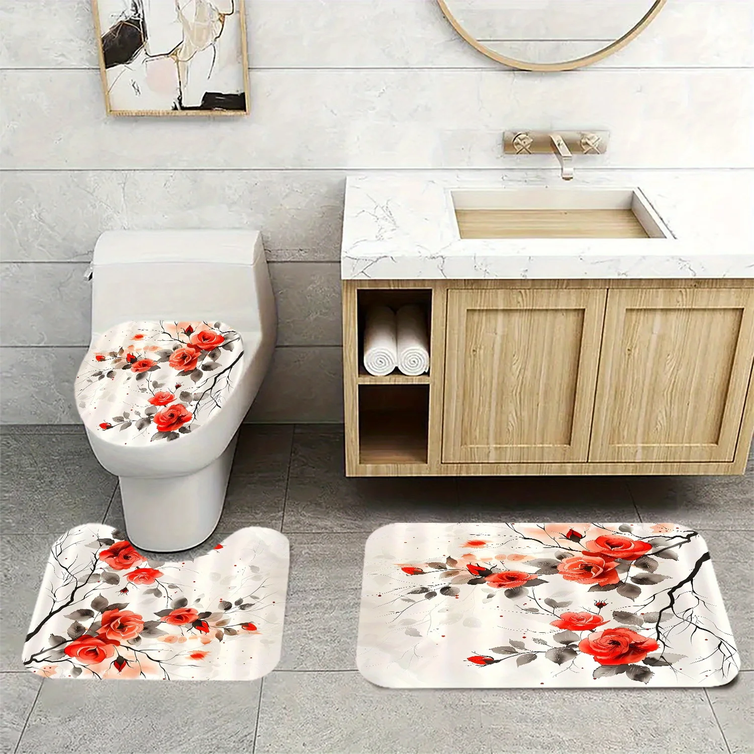 

Набор из 3 предметов, красный цветок, цифровой принт, полиэстеровый противоскользящий коврик, U-образный коврик, чехол на сиденье унитаза, коврик для украшения ванной комнаты