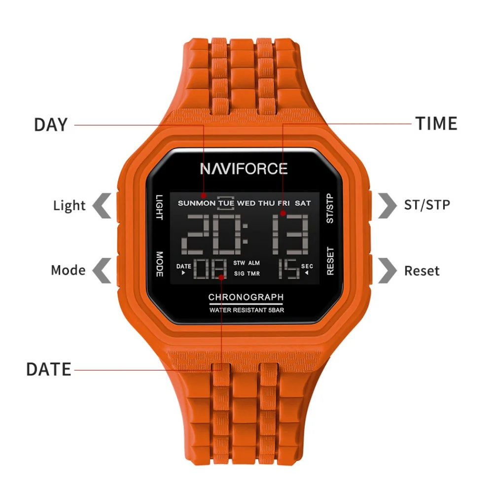 نمط جديد NAVIFORCE الرجال الساعات الإلكترونية مضيئة شاشة عرض توقيت ساعة بسيطة مقاوم للماء ساعة رياضية الصبي ساعة اليد