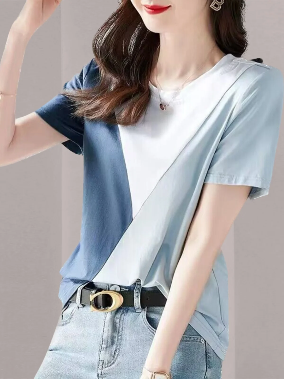 

Brand Women's Cotton T-shirt Short Sleeve Patchwork Color Block Fashionable Large Size Anti-Aging Top Commute Style Pure Cotton