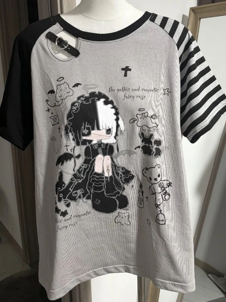 

HOUZHOU Y2k Gray Graphic T-Shirts Women Kawaii Juminocore Striped Short Sleeve Japanese Fashion Tees Cutecore Oversized Casual