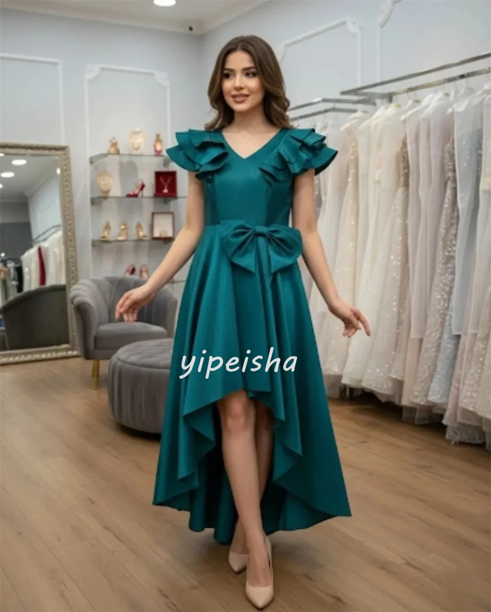 Personalizado estilo moderno elegante jérsei arco ruched vestido de festa com decote em v hi-lo vestidos de noite tamanhos disponíveis alta qualidade