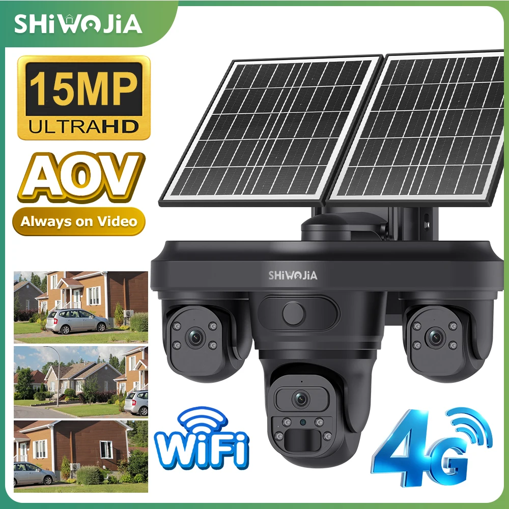 

SHIWOJIA 15MP AOV Solar Surveillance Camera 4G SIM 24/7 Recording Outdoor 3-Screens PIR Monitor 20W Solar Panel 20100mAh Battery
