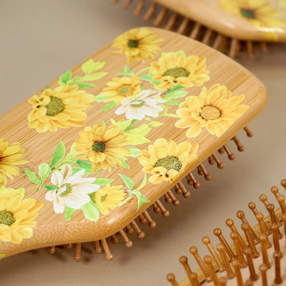 Sonnenblumen-Bambus-Luftkissen-Haarbürste – Massagekamm aus natürlichem Holz für die Haarpflege, antistatisches Entwirrungs-Styling-Geschenk – Detail 4
