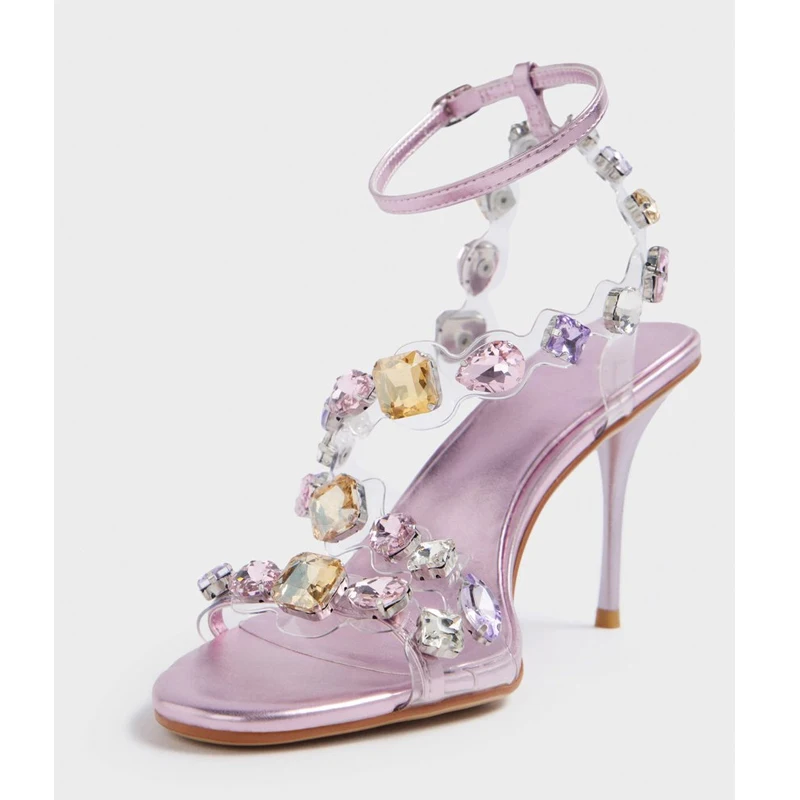 Purple Rhinestone Open Toe Stiletto Slippers Woman Summer 2026 Sliver High Heel Sandals Party Wedding Dress Shoes Fashion Pumps