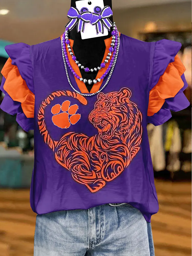 Vintage Tigers Print Fly Sleeve Top Women Gameday Blouse