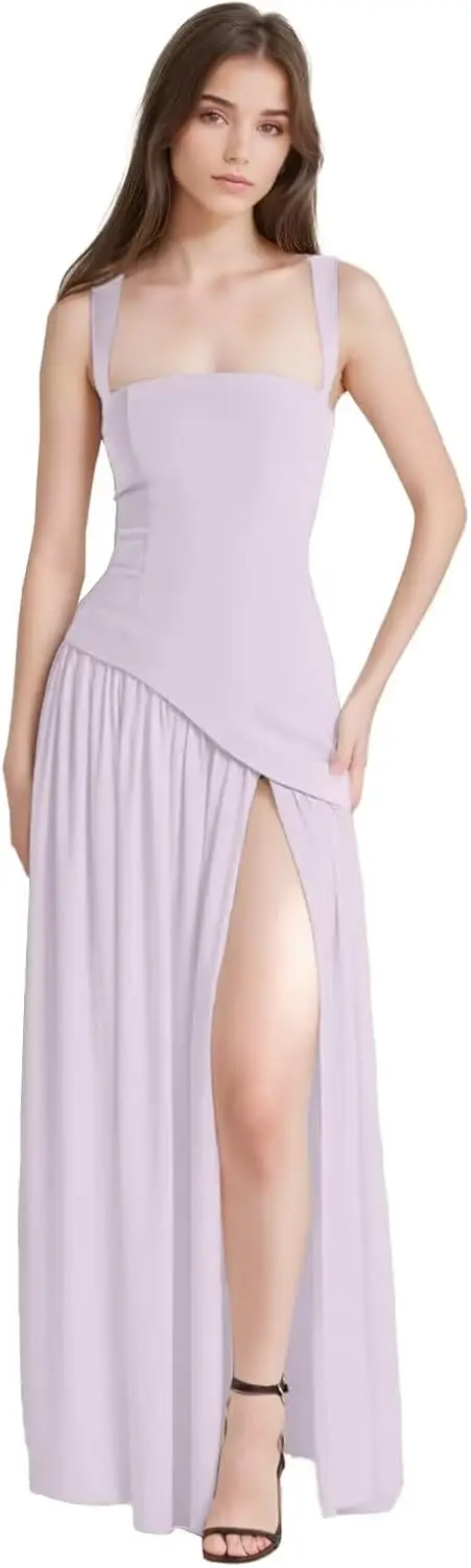 

Винтажные атласные платья подружки невесты с широкими бретелями для женщин, платья для выпускного вечера с квадратным вырезом, вечернее платье с рюшами и разрезом