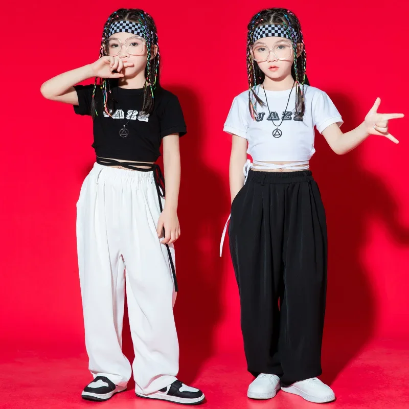 Kid Kpop Hip Hop Clothing Girl Jazz Dance Costume Clothes White Black Lace Up Crop Top T Shirt Tee Casual Street Baggy Pants