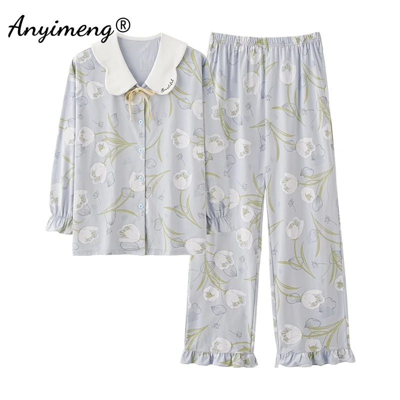 Autumn Winter Women Pajamas Princess Style Pajama Sets Lapel Soft Cotton Sleepwear Long Sleeves Nightwear Woman Loungewear