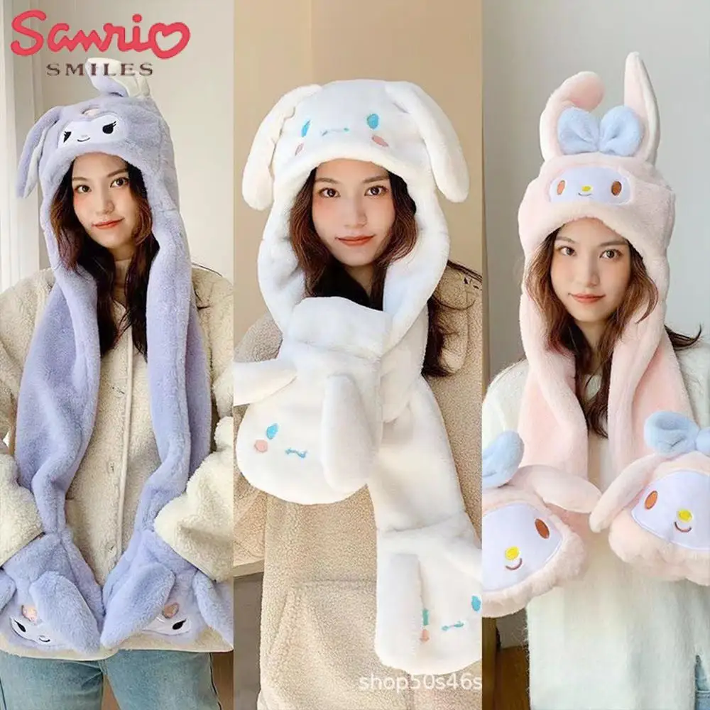 Topi, Syal, dan Sarung Tangan Boneka Cinnamoroll dengan Telinga Bergerak, Sanrio Kawaii Kuromi, Musim Dingin, Tebal, Lucu, Hangat, Hadiah untuk Pacar, Festival