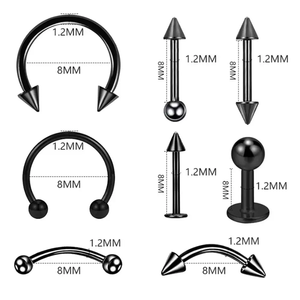 1/8PCS Set Fashion Piercing Shiny Eyebrow Bar Lip Tongue Nose Pircing Stainless Steel Ear Studs Mixed Body Jewelry For Women