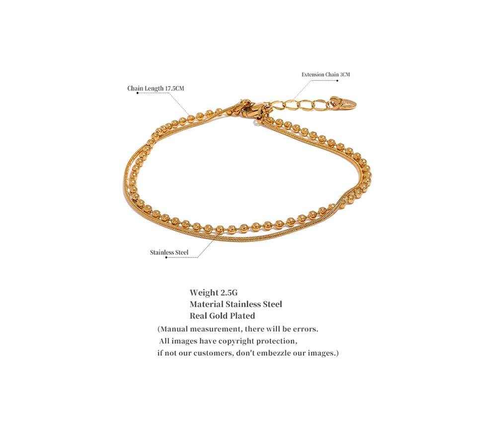 Yhpup Stainless Steel Flat & Bead Chains Double Layer Fashion Bracelet Bangle Men Women Charm Summer Beach Trendy Chic Jewelry