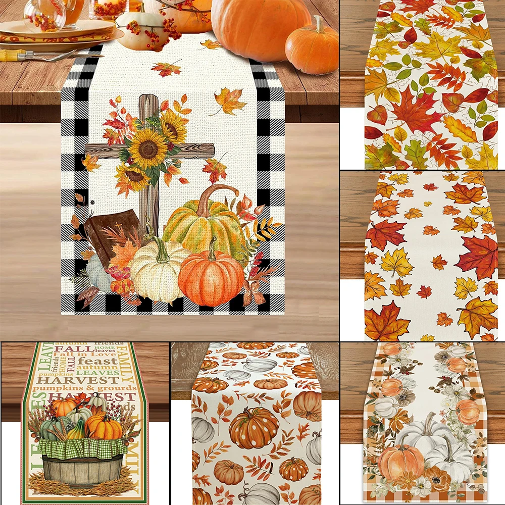 

Autumn Pumpkin Maple Leaf Printed Table Runner Thanksgiving Day Ambience Decoration Dining Table Cloth TV Cabinet Coffee Table