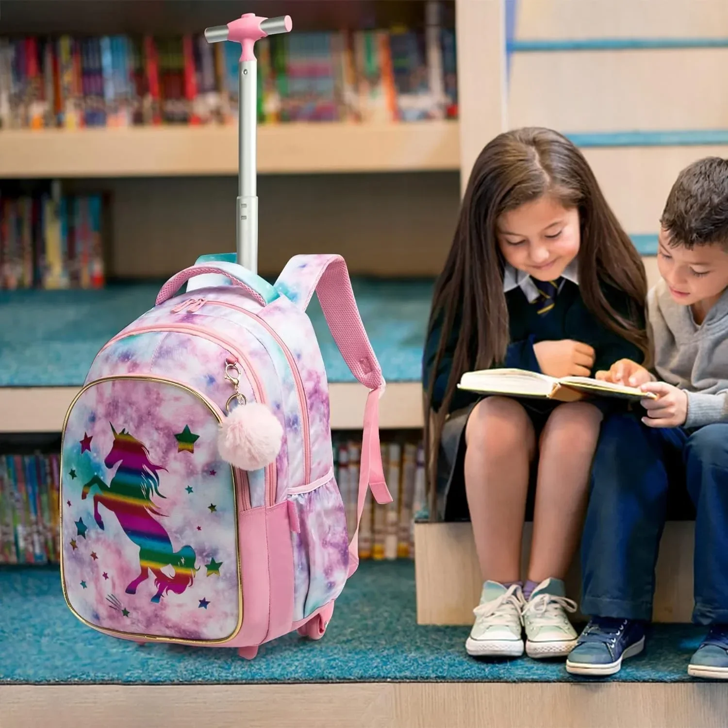 Set ransel bergulir 18 inci, tas sekolah beroda, ransel anak dengan tas makan siang terisolasi dan tas buku tempat pensil untuk anak laki-laki dan perempuan