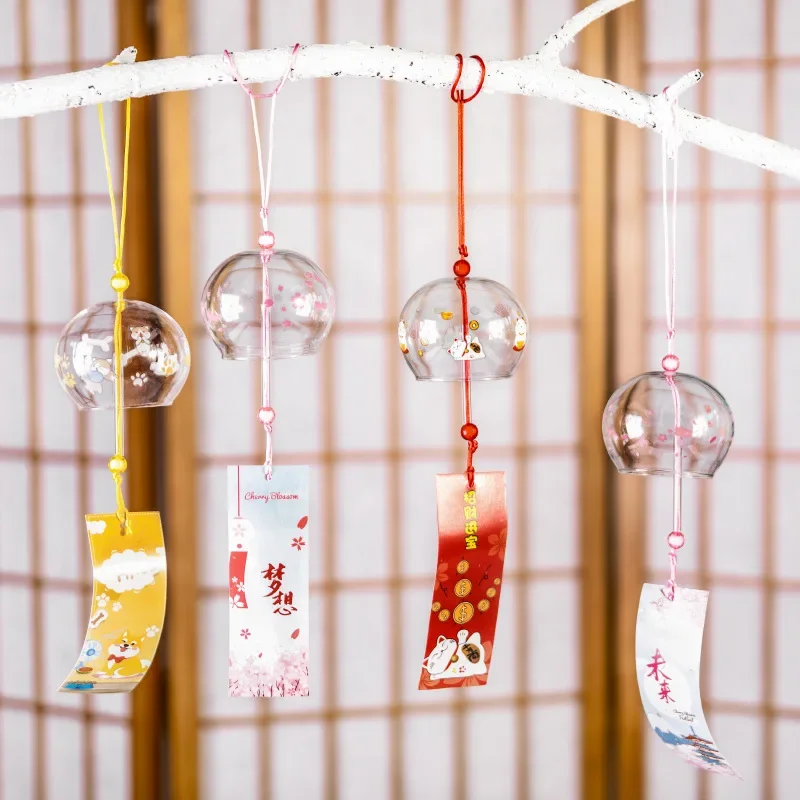 1PC Japanese Wind Bell Japan Wind Chimes Handmade Glass Furin Home Decors Spa Kitchen Office Decor Sakura Cherry Blossom Pattern