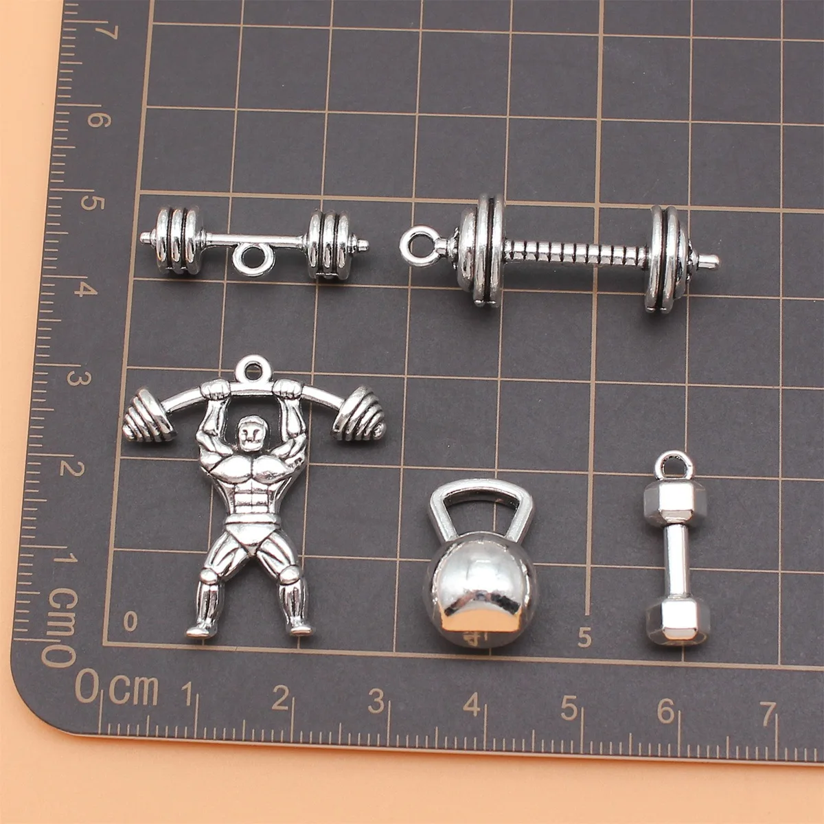 

60Pcs/Bag 5 Styles Antique Silver Color Weightlifting Fitness Charms Pendant Diy Jewelry Accessories For Jewelry Making