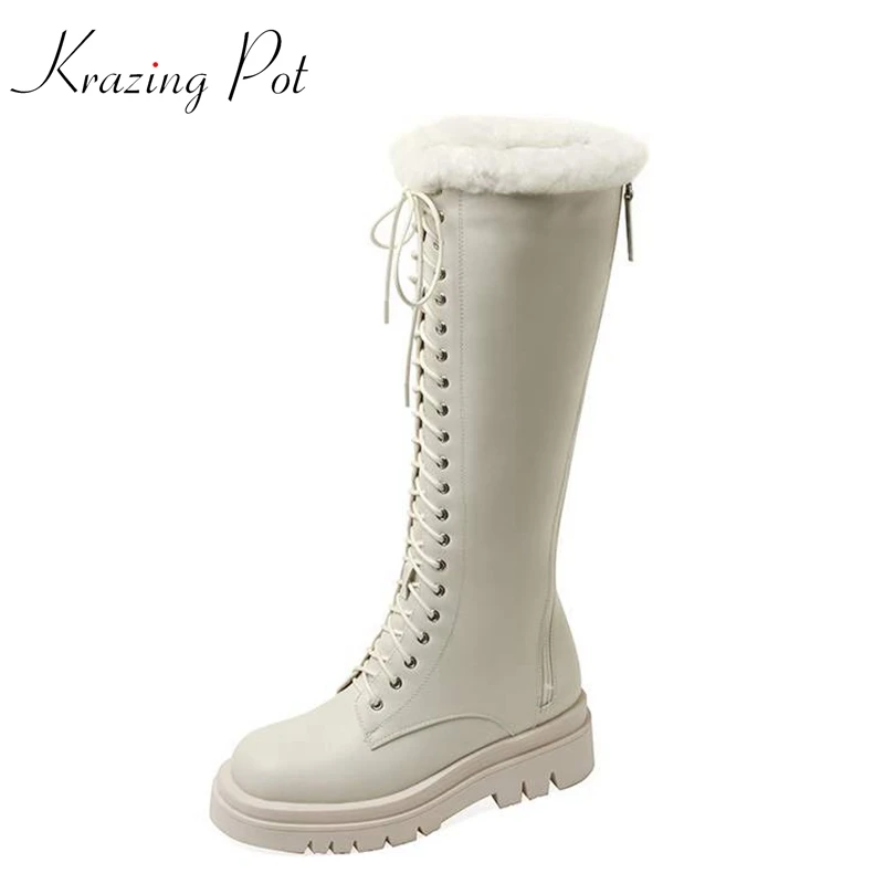 

Krazing Pot Genuine Leather Med Heels Round Toe Snow Boots Thick Bottom Keep Warm Fur Cross-tied Cozy Zipper Over-the-knee Boots