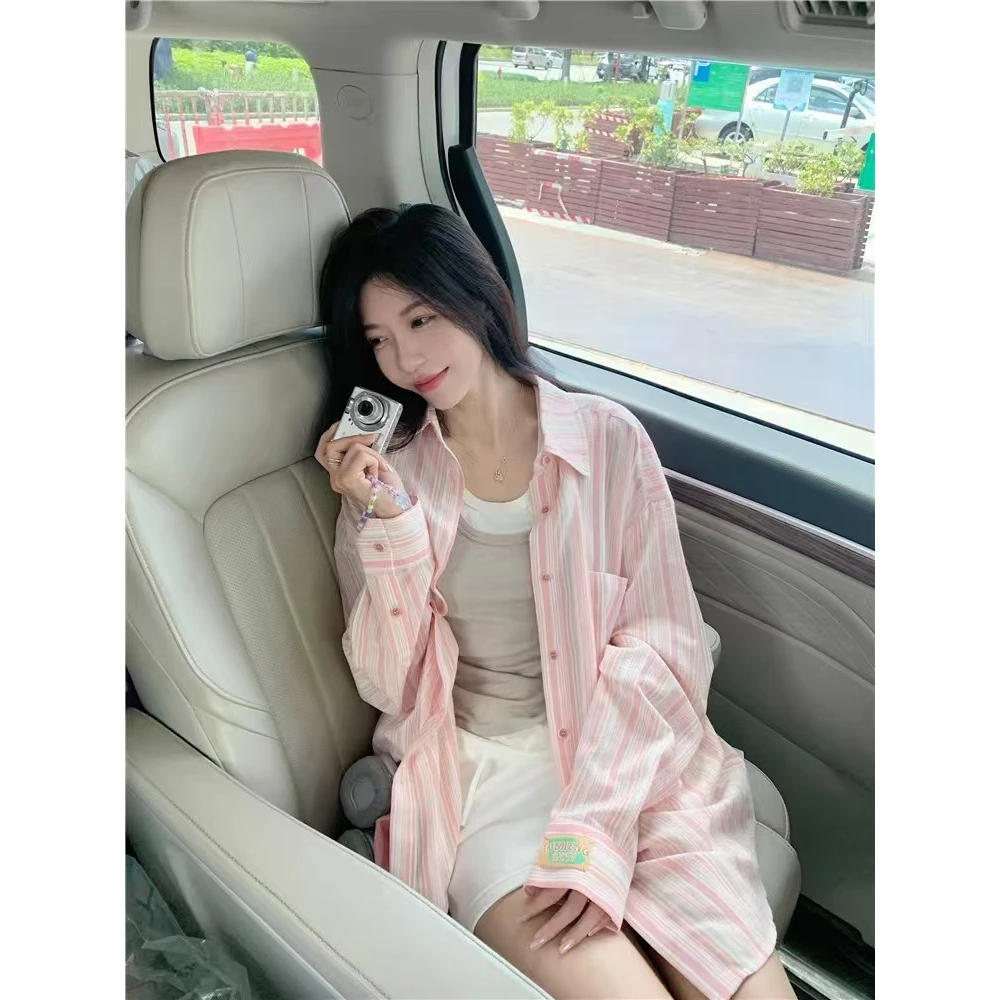 

Blue Striped Women's Shirt Summer New Sun Protection Thin Outerwear Loose Casual Top Early Autumn Open Cardigan Long Sleeve P...