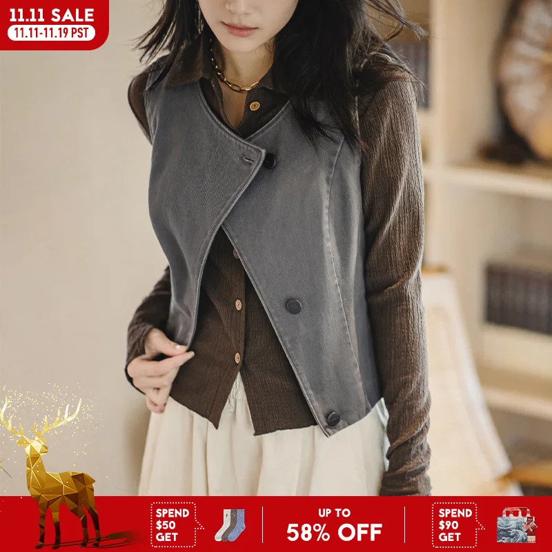 

Maden Casual Sleeveless Cardigan Vest Women's Spring and Summer Vintage Single Breasted Layering Waistcoat Versatile Tank Tops