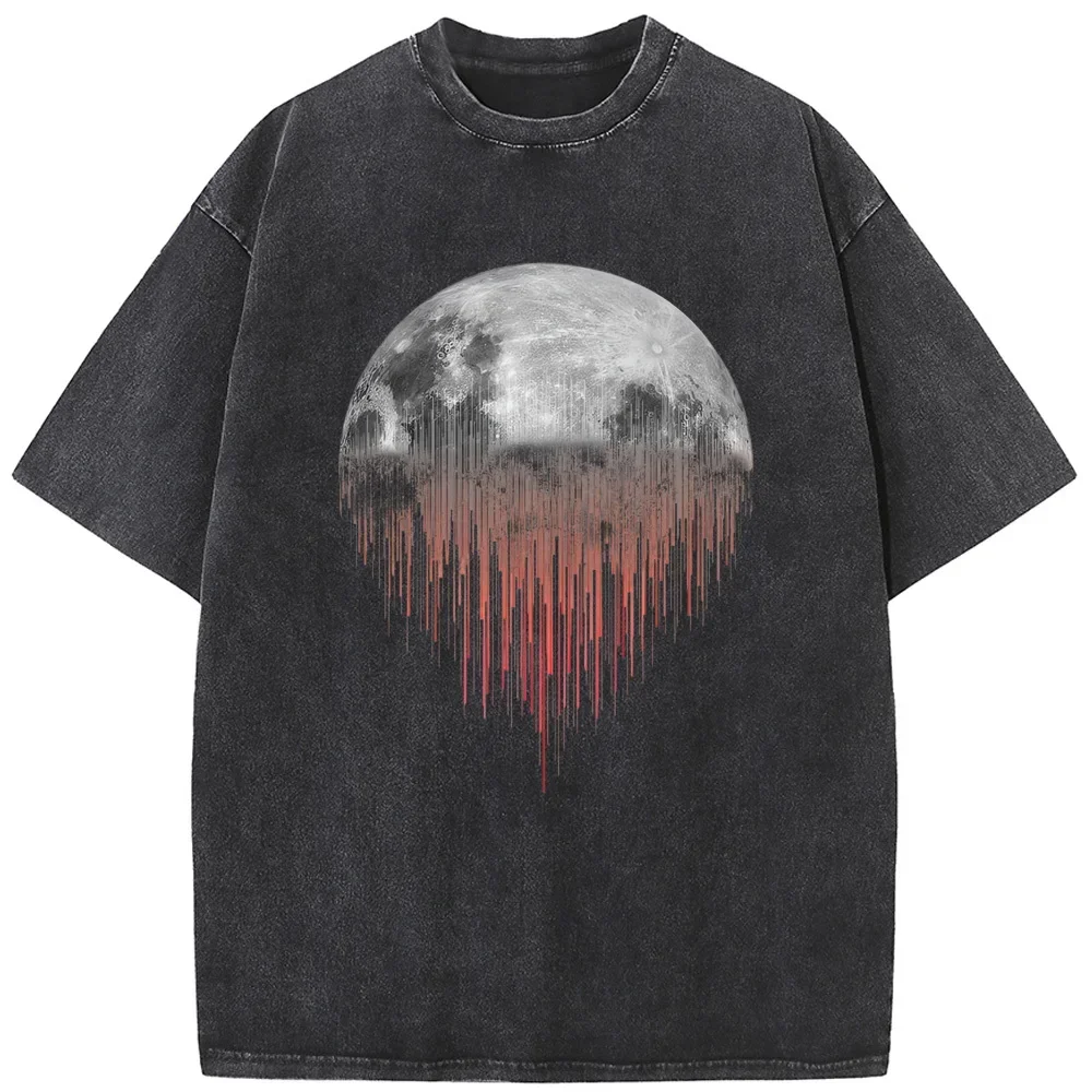 

Мужская линейная футболка с луной, 230 г, летняя хлопковая отбеленная футболка, топы, винтажная свободная отбеленная футболка, повседневные футболки