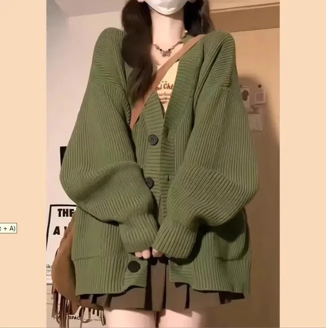 

Loose Cardigan Women Long Sleeve V-neck Knitted Black Slouchy All-match Female Autumn Winter Coats Korean Style Chic Baggy Tops