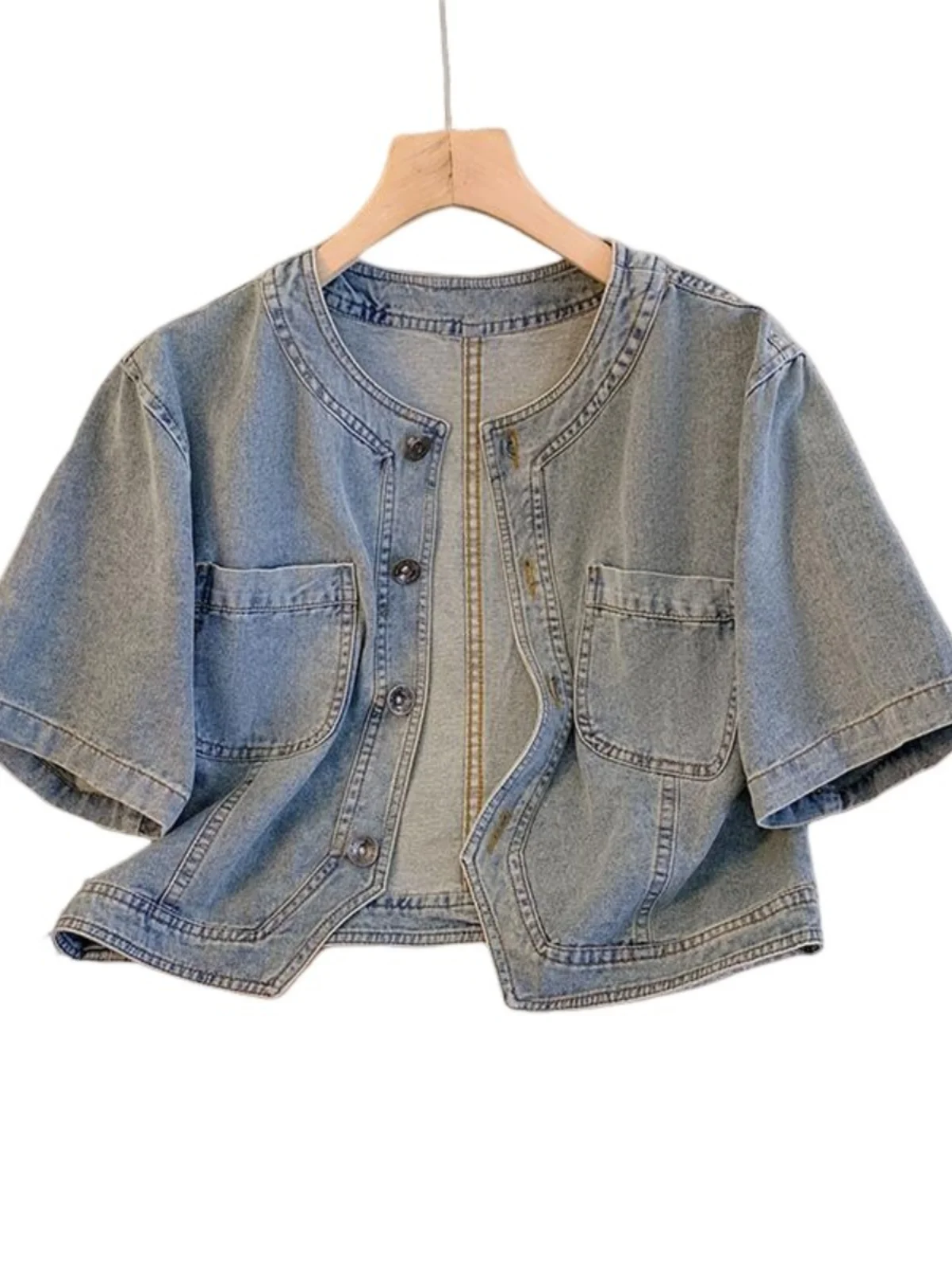 

Summer ort Sve Denim Jaet Women's Faionable Outerwear Skirt oulder awl Top Loose Fit Button ket Detail