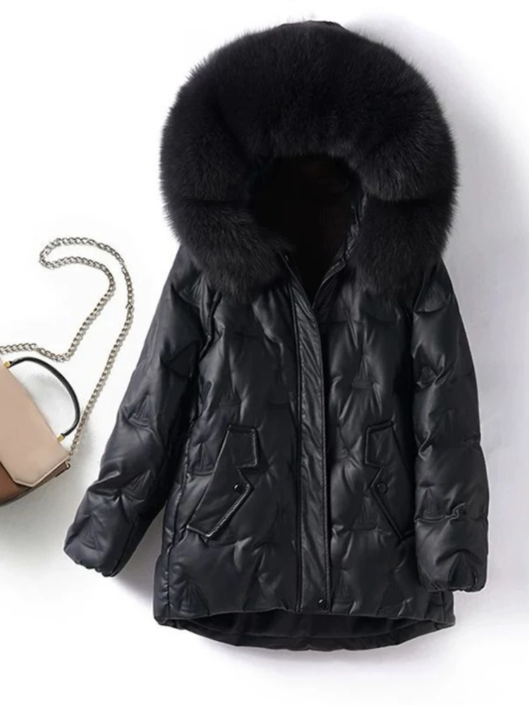 Hooded fox fur collar white duck down leather down jacket winter new solid color solid casual versatile simple commte jacket