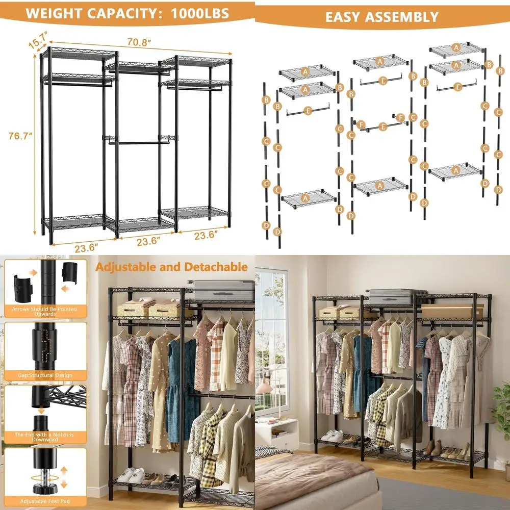 

Портативный шкаф, сверхмощная вешалка для одежды, отдельно стоящий шкаф, нагрузка 1000 фунтов с регулируемыми проволочными полками, подвесными стержнями, H