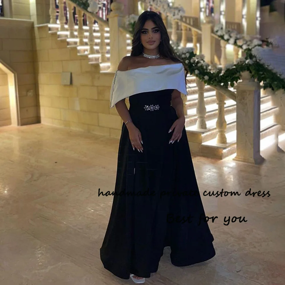 

Black White Off Shoulder Evening Dresses Beads Belt A Line Long Formal Prom Dress Floor Length Dubai Party Gowns