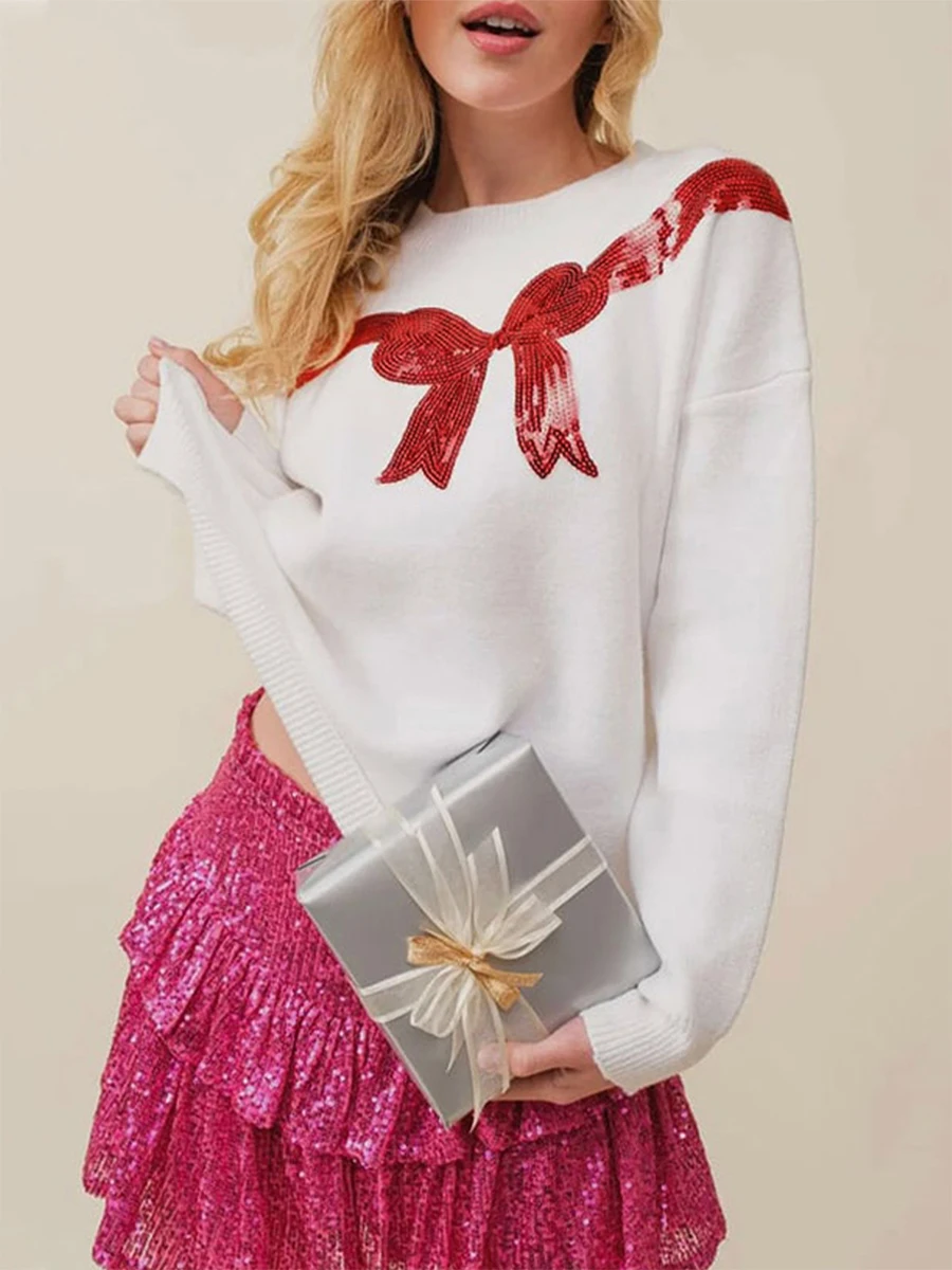 Stylish Women s Cozy Sweater with Sparkling Sequin Detail and Adorable Bow Print Perfect for Chilly Days and Casual Outfits