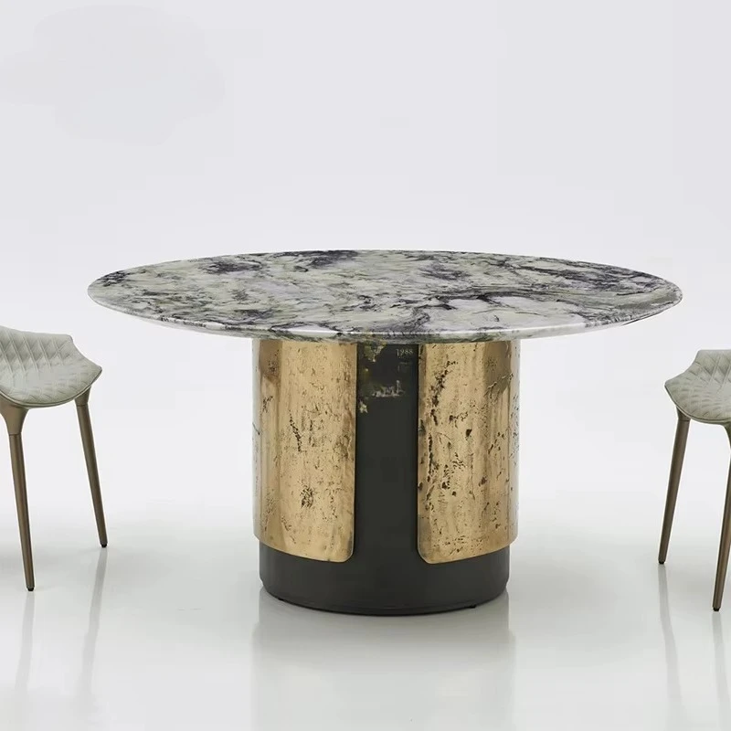 Blue Gray Marble Round Dining Table Gold Hammered Cylinder Metal Base Kitchen Living Room Restaurant Marble Dining Table