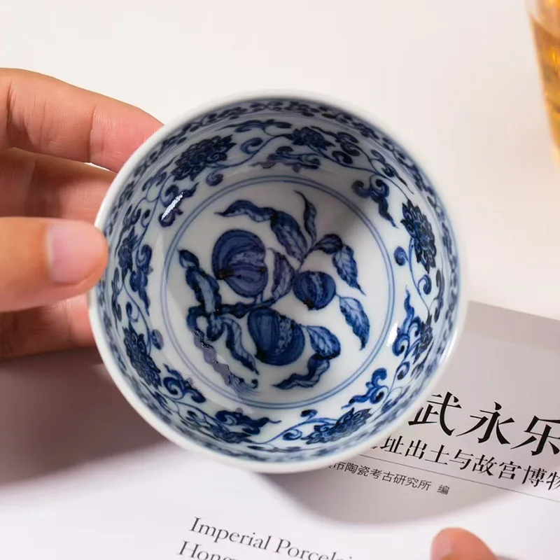 

Hand Painted Blue and White Flowering Fruiting Pattern Bowl Cup Chinese Jingdezhen Handmade Antique Gift for Sending Presents