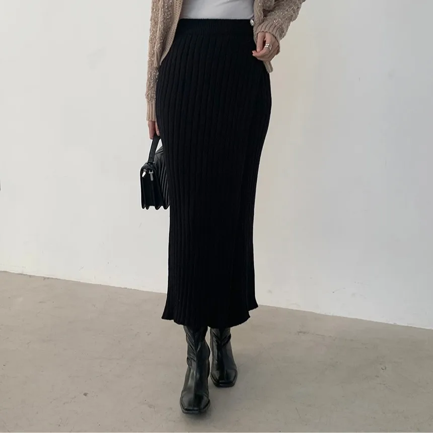 Chique gebreide midi-rok met hoge taille voor dames, slim fit, splitontwerp, herfst-winter, Ele Retro Sle woon-werkvriendelijke rok