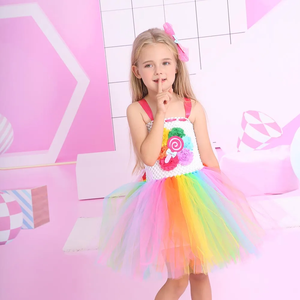 Girls Sweet Rainbow Candy Land Tutu Dress Halloween Party Baby Birthday Kids Flowers Lollipop Summer Dress Princess Tulle Gown