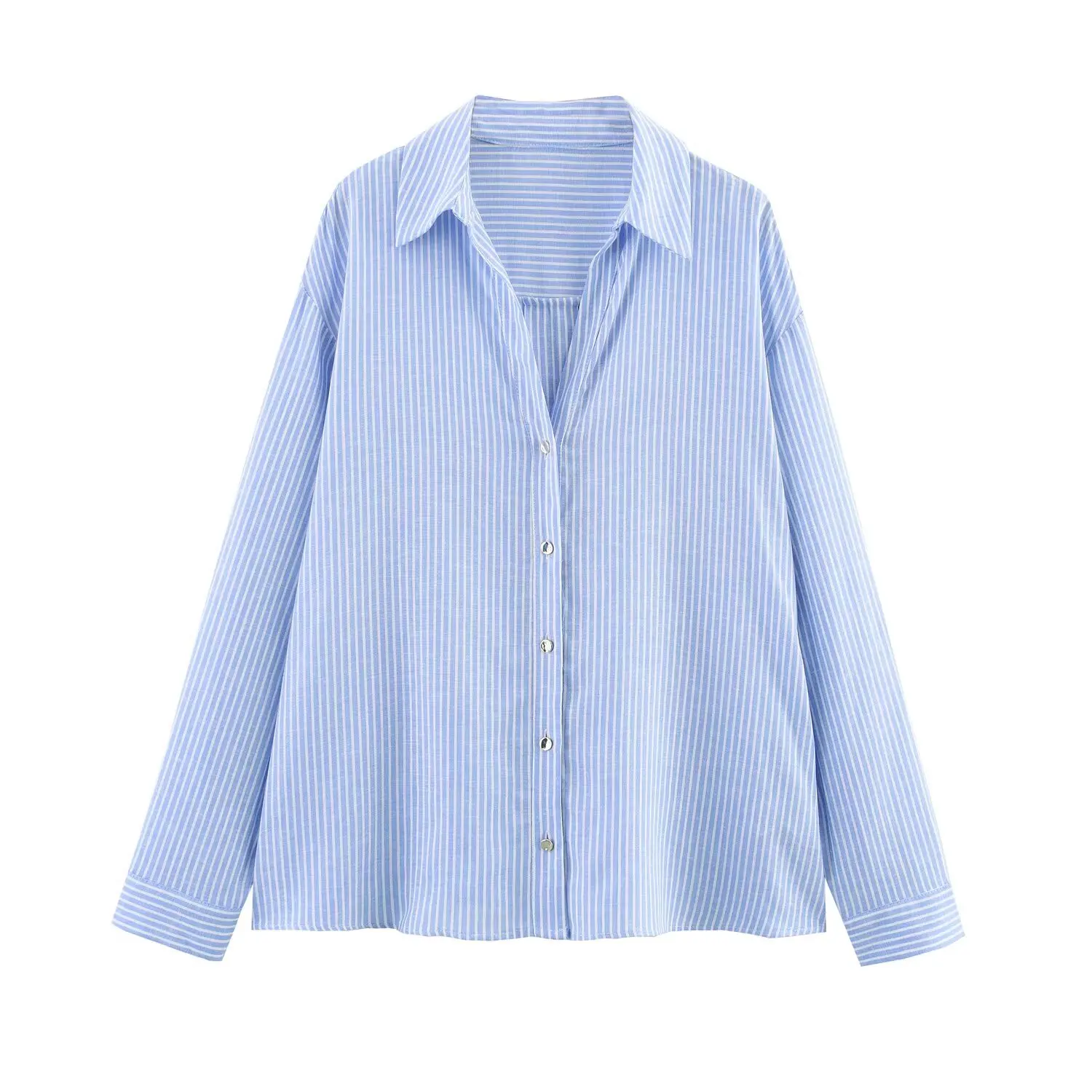 

Striped Shirt Women Casual Linen Oversized Single-breasted Turndown Collar Long Sleeve Blouse 2025 New Spring Fashion Blue Tops