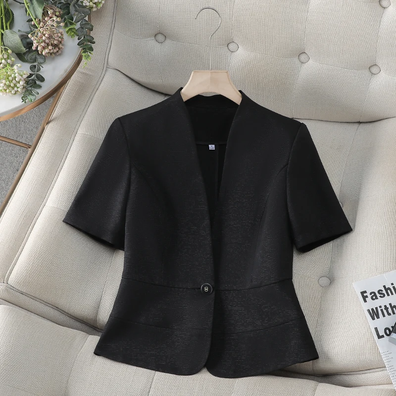 NAVIU Damen-Blazer, kurzärmelig, 2025, Damen-Anzug, Jacke, Mantel, schmal, weiblich, feminin, V-Ausschnitt, Blazer, Bürodame, Rosa, Schwarz