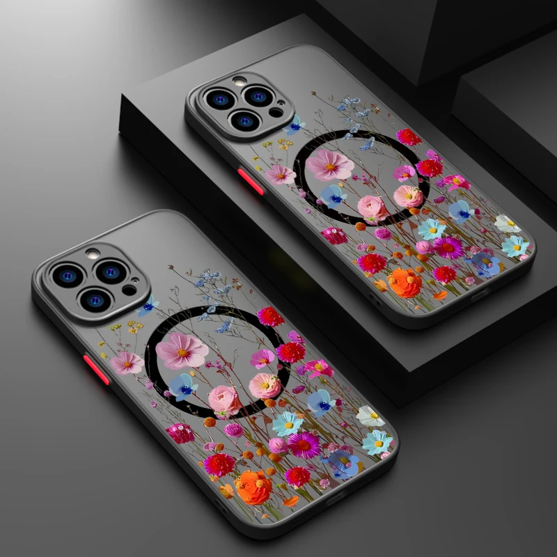 Magnetic Colorful Flower Phone Case For iPhone 15 16 Pro Max 14 13 12 Pro 11 For Magsafe Wireless Charge Soft Edge Acrylic Cover