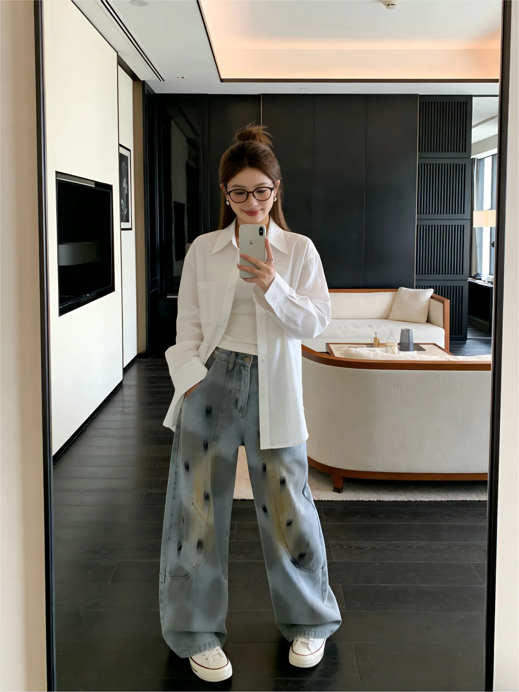

Retro High Waist Wide Leg Pants Worn-In Denim Loose Floor-Length American Drape Early Spring Ladies Jeans Loose Fit Trousers