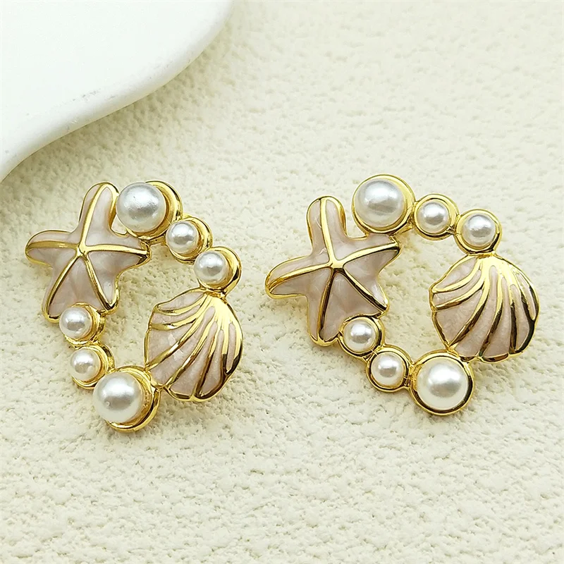 موضة شل نجم البحر وأقراط للنساء الذهب اللون الفولاذ المقاوم للصدأ تقليد اللؤلؤ الصيف الشاطئ هوب أقراط مجوهرات #3