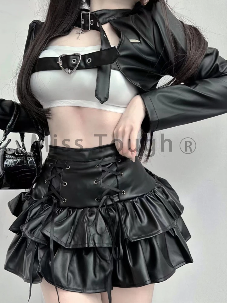 Winter Black Leather Three Piece Set Women Patchwork Vintage Cake Skirt Suit Female Casual Korean Fashion Desinger Y2k Set 2023