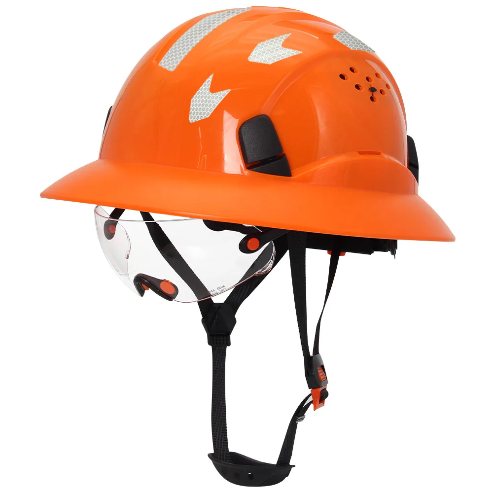 CE Full Brim Safety Hard Hat with Built-in Goggles Reflective Sticker Breathable Anti-Collision Construction Work Helmet