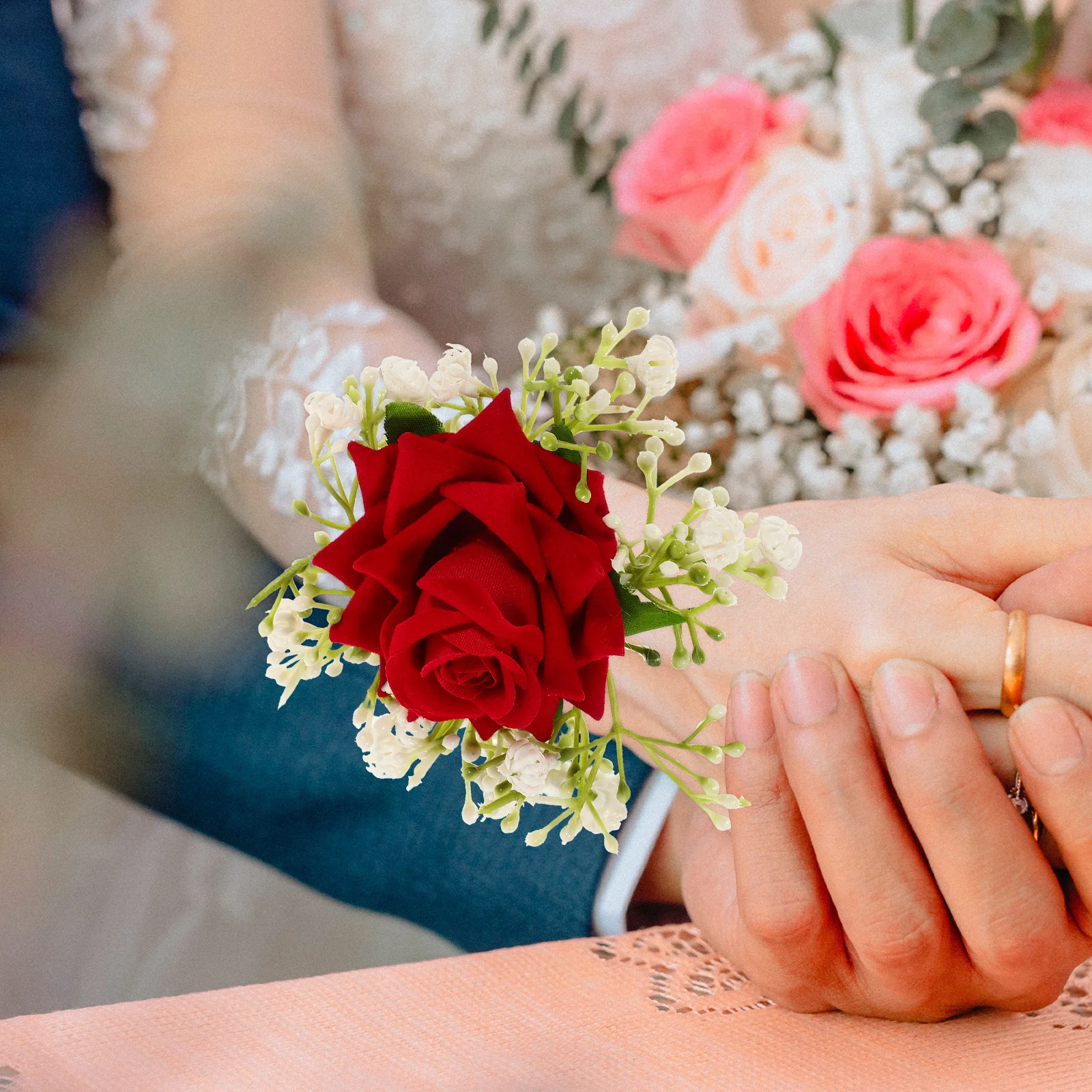 

4 Pcs Reception Wrist Flower Wedding Decor Corsage Wristbands for Rose Red Bride