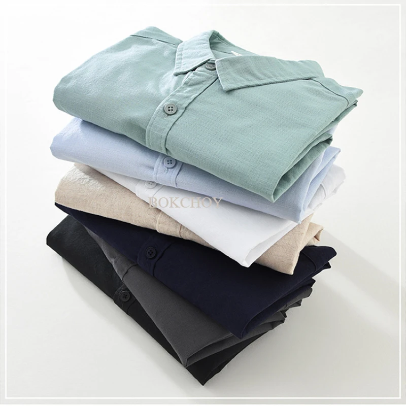 2025 Spring New Casual Cotton and Linen Long Sleeve Shirt for Men Simple Solid Color Slim Classic Daily Shirts CM7369