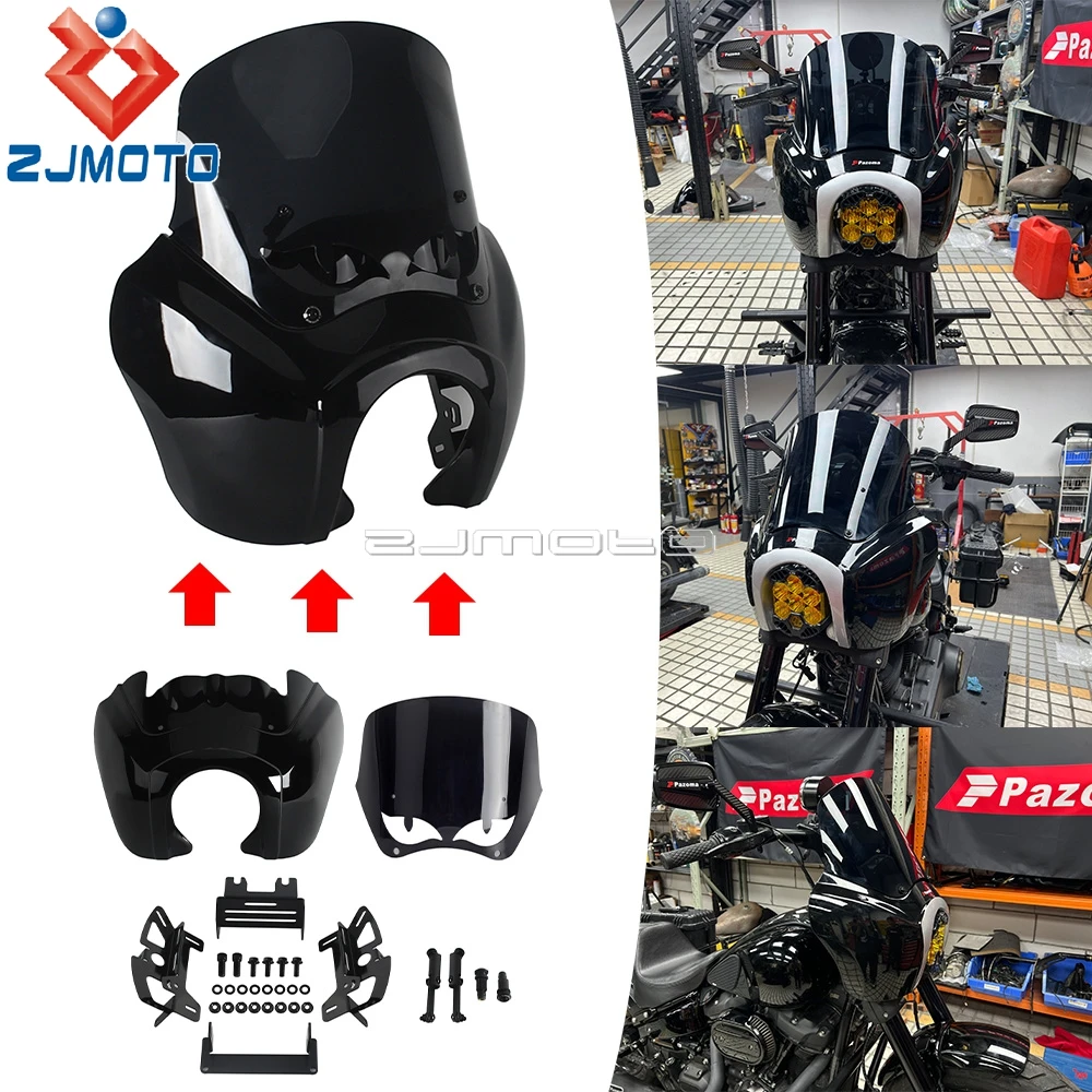 9/12/15 Inch Windshield Fat Bob Front Smoke Headlight Fairing For Motorcycle Club Style For Harley Softail FXFBS 18 19 2020-2025