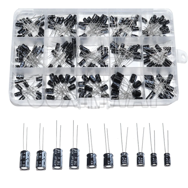 200pcs 15 값 10V 16V 25V 50V 0.1uF-220uF 0.22uf 2.2uf 100uf 방사형 커패시터 세트 전해 커패시터 분류 키트